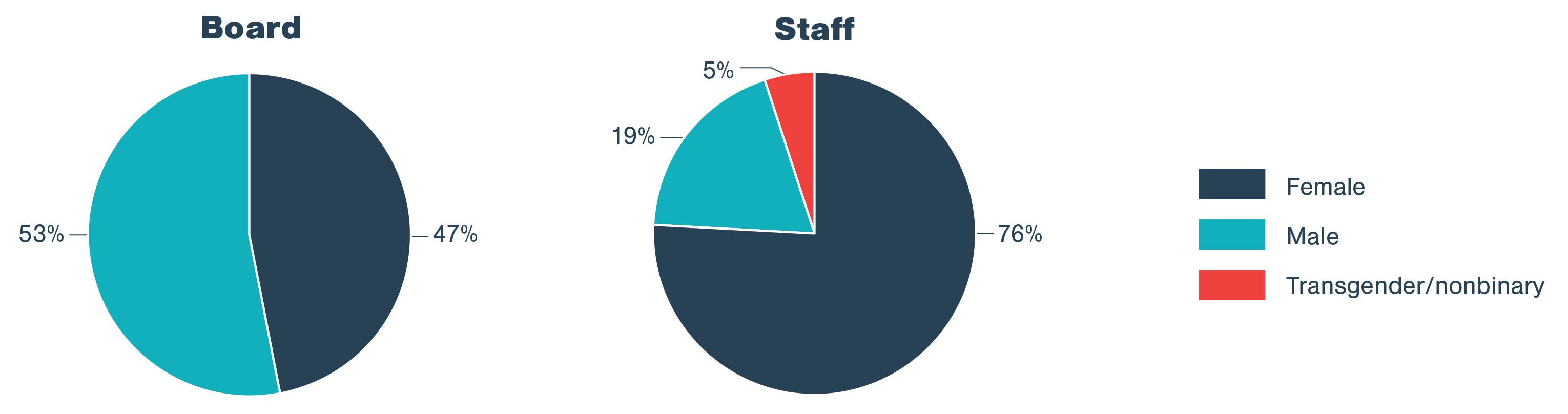 Board: 47% Female, 53% Male. Staff: 76% Female, 19% Male, 5% Transgender/nonbinary.