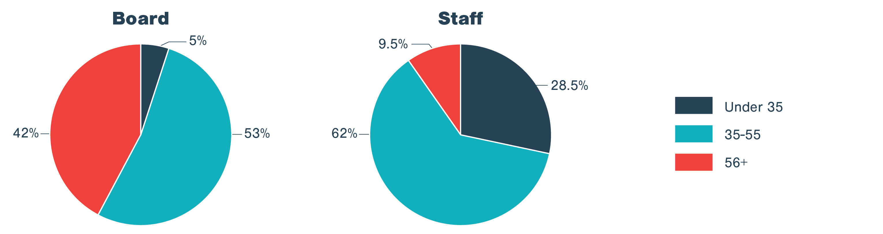 Board: 5% under 35, 53% 35-55, 42% 56+. Staff: 28.5% under 35, 62% 35-55, 9/5% 56+