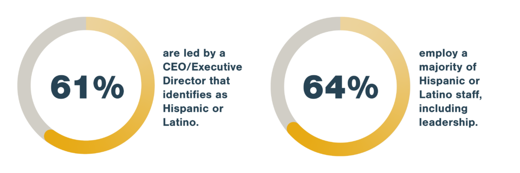 61% are led by a CEO/Executive Director that identifies as Hispanic or Latino. 64% of the agencies employ a majority of Hispanic or Latino staff, including leadership.