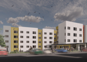 Digital rendering of Juniper Creek, a modern four-story apartment building.